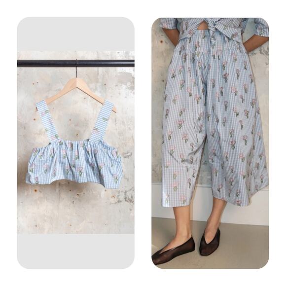 Eleph Women Rommel Top & Sweet Culotte S Blue Check Flower Casual Cottagecore 21